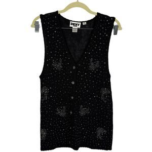 DKNY Vintage Sequin Beaded Embroidered Knit Sweater Vest Large Ugly Xmas Sweater